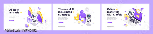 Isometric web banner set with AI robot analyzing stock market data, driving business strategy development, and enhancing online marketing with advanced digital tools and analytics.