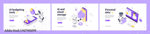 Isometric web banner set featuring AI robot for budget tools, cloud data management, and personal data security with futuristic digital technology and automated protection elements.