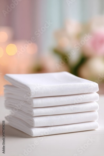 Stack of white cloth napkins on a table. Blurred background
