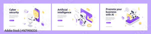 Isometric vector illustrations featuring AI robots enhancing cybersecurity, automating data analysis, and driving business promotion with innovative technology and smart digital tools.