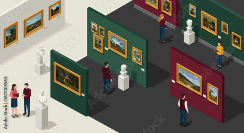 Isometric art gallery with visitors interacting with classic paintings and sculptures