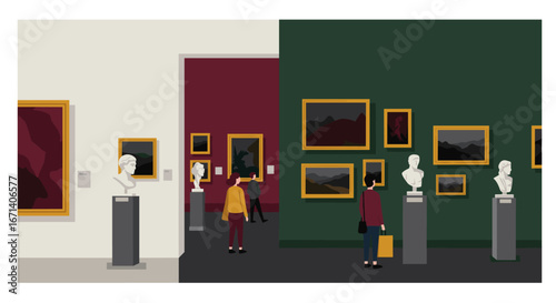 Modern art museum interior with visitors observing exhibits and classical sculptures