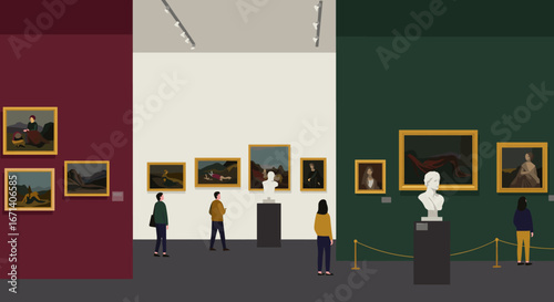 Modern art gallery with visitors viewing classic paintings