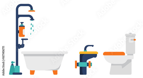 Modern flat design bathroom elements with bathtub, shower, toilet, and faucet in blue and orange tones