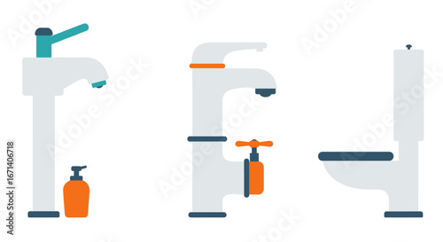 Modern bathroom fixtures collection featuring faucets and toilet in flat design