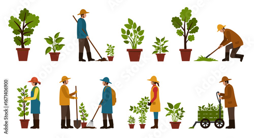 Gardeners working with plants and trees in flat style