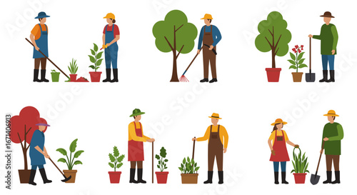 Gardening people in flat design planting and caring for trees and flowers