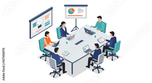 Modern team collaboration in office meeting with laptops and charts