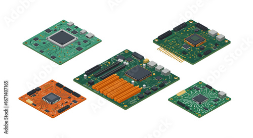 Isometric circuit boards: high-tech microchip and processor design variety