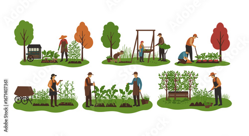 Community gardening scenes with people planting and maintaining vegetables and flowers