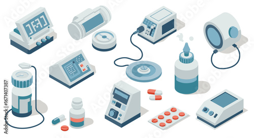 Isometric medical devices and medications set featuring modern healthcare equipment