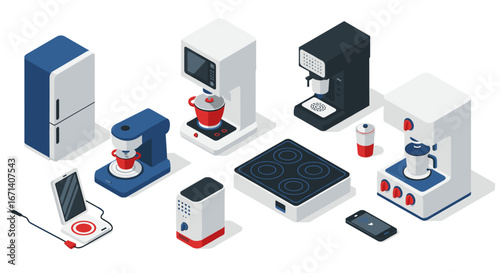 Modern isometric kitchen appliances collection for smart home design
