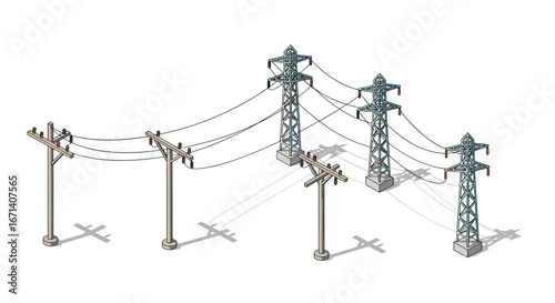 Isometric power lines and utility poles with shadows
