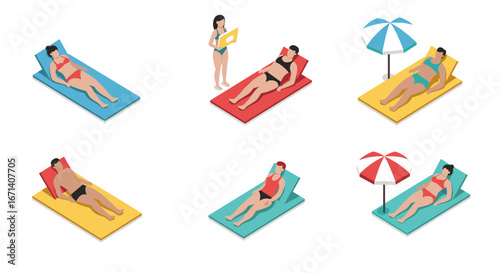 Isometric beach relaxation: people sunbathing on colorful mats with umbrellas