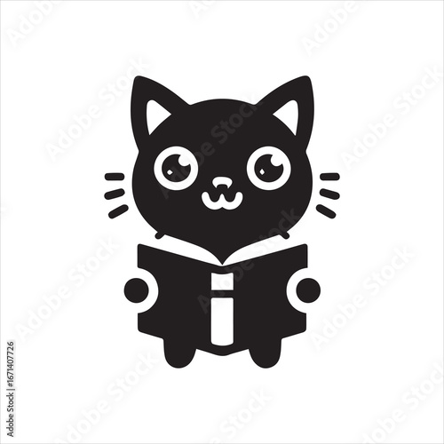 Adorable Black Cat Reading a Book with Big Eyes and Whiskers.