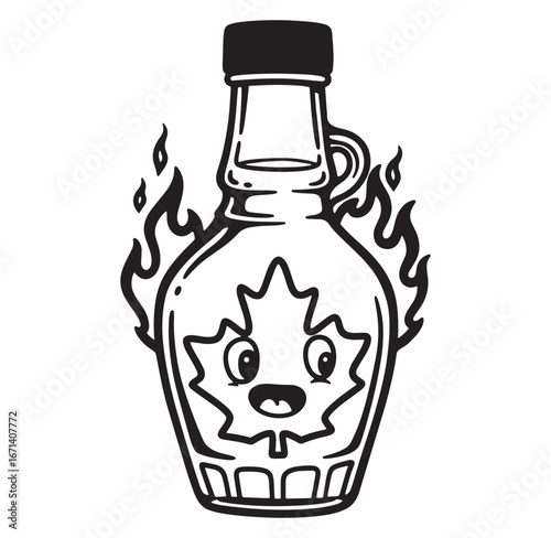 A cartoon illustration of a maple syrup bottle with a smiling face in flames