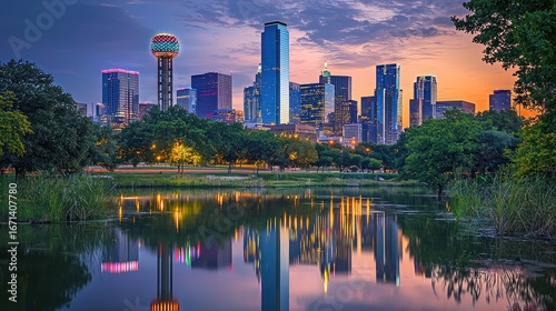 Dallas skyline reflected in a calm lake at sunset.