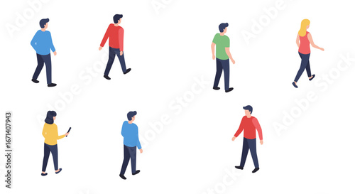 Diverse people walking in isometric style on white background