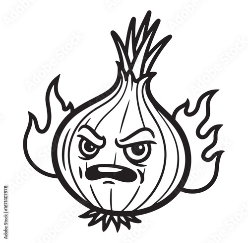A grumpy angry onion character with flame effects black and white illustration