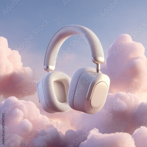 White headphones float amidst soft pink clouds against a pastel sky