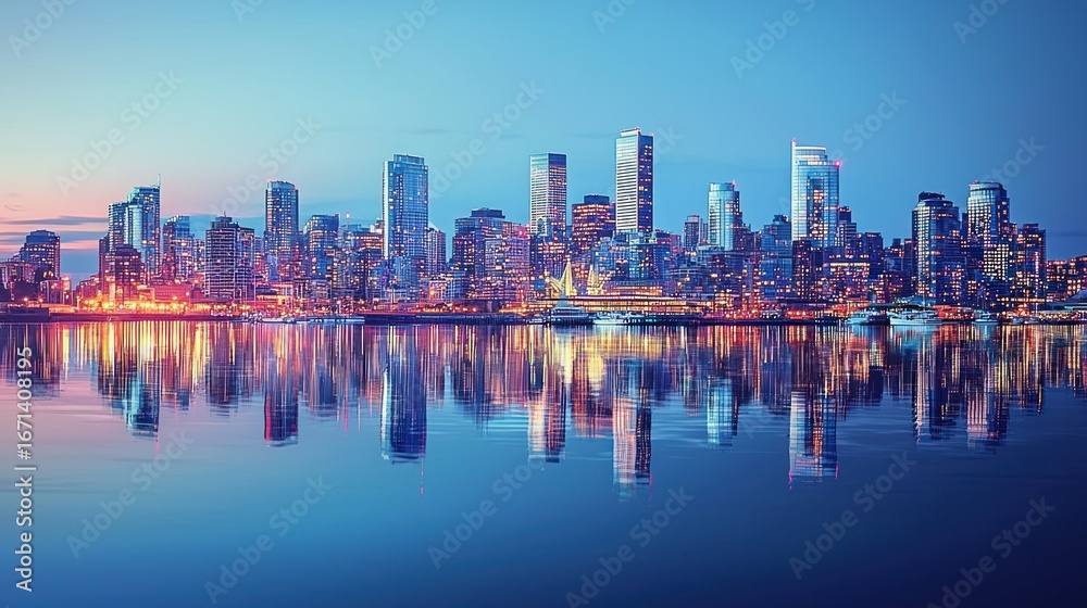 Obraz premium City skyline reflected in calm water at twilight.