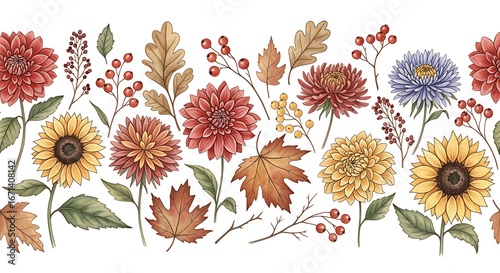 Watercolor autumn floral border with sunflowers and dahlia flowers