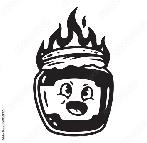 A hilarious cartoon jam jar with flames illustrating a fun and playful concept