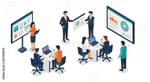Collaborative office meeting with team analyzing business data in an isometric workspace