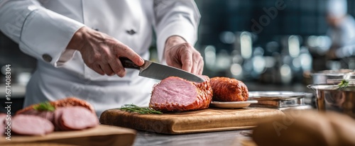 Chef slicing cured meat on a wooden board in a professional kitchen