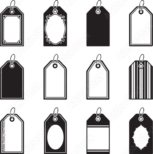 A collection of twelve distinct tag templates, presented in black and white,