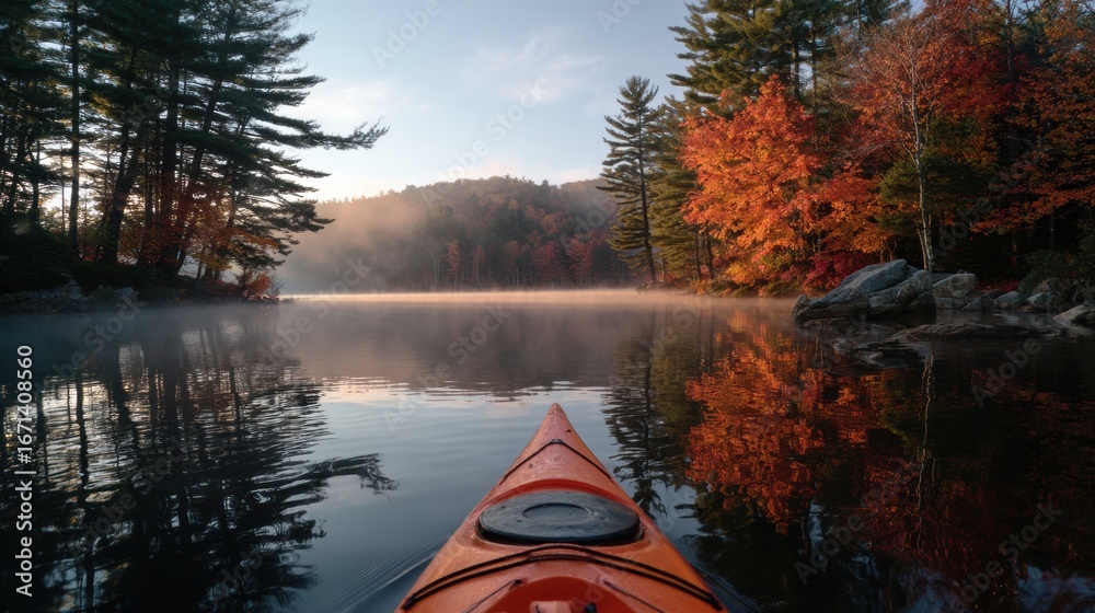 Fototapeta premium Kayaking Through Tranquil Autumn Waters With Vibrant Foliage Reflecting in the Misty Morning Light