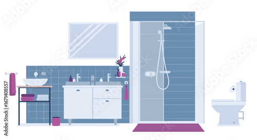Modern bathroom interior design with shower, sink, and toilet in flat style