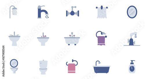 Minimalist bathroom icons set featuring sinks, taps, and toilets in soft tones