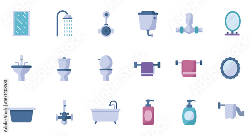 Bathroom icon set featuring toilets, mirrors, faucets, and more in flat style