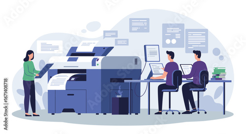 Office printing scene with modern equipment and team collaboration
