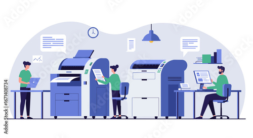 Modern office scene with efficient printer use and collaborative work environment