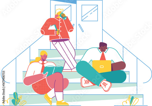 Group of Friends Relaxing and Studying Outdoors Illustration