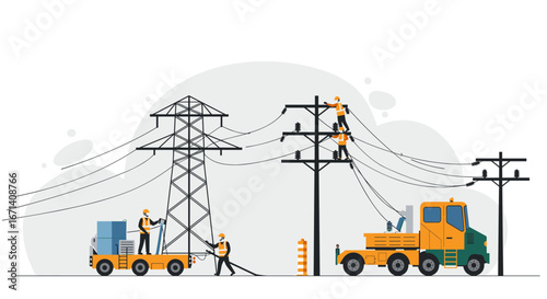 Construction crew working on power lines maintenance and repair with safety equipment