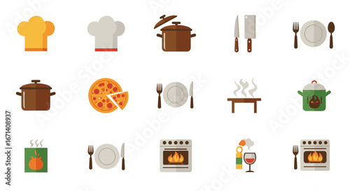 Culinary icons set featuring chef hat and cooking essentials