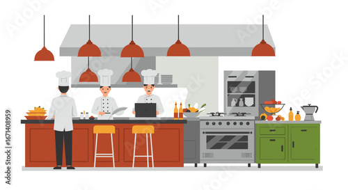 Modern commercial kitchen with chefs preparing meals in a professional setting