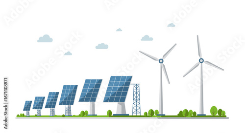 Renewable energy landscape with solar panels and wind turbines in flat design