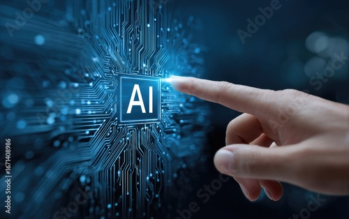 Finger touching AI graphic on circuit board