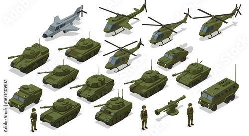 Isometric military vehicles and personnel collection featuring tanks, helicopters, and armored transport