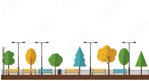 Flat design park landscape with trees, benches, and street lamps in autumn
