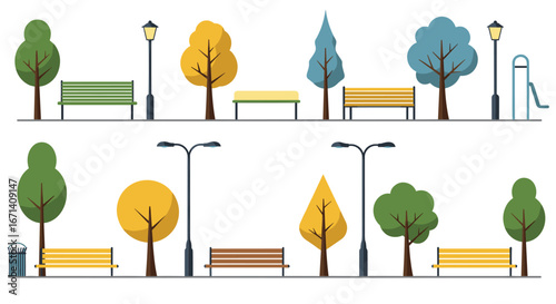 Flat design urban park elements with benches, trees, and streetlights