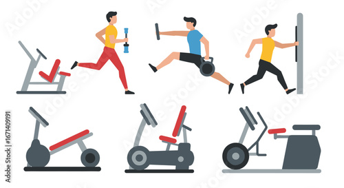 Diverse fitness activities and exercise machines in flat style