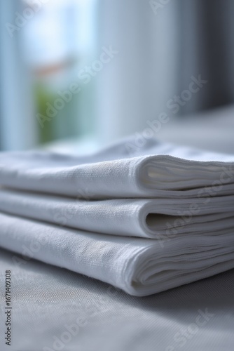 Stack of white linens on a table. Soft focus