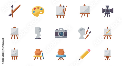 Art and photography icons: easel, camera, paintbrush, and sculpture elements