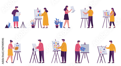 Creative people engaged in art and design activities in a flat style