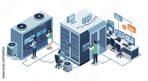 Modern data center operations in isometric design with it professionals
